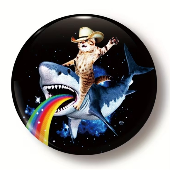 Cat Riding Shark Button (NEW) - Picture 1 of 2
